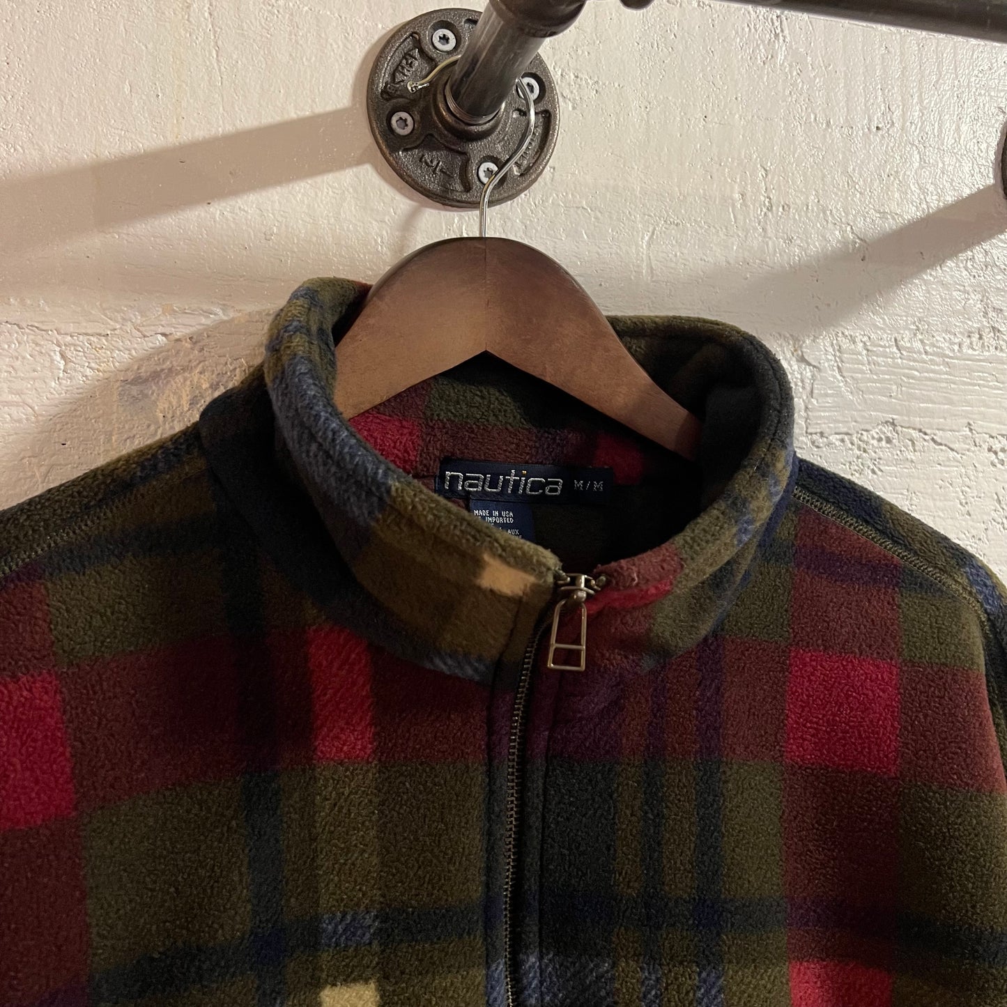 Vintage 90’s Nautica Quarter Zip Plaid Pullover Fleece Jacket - Size Medium - Made In USA - Red/Navy/Olive Green/White