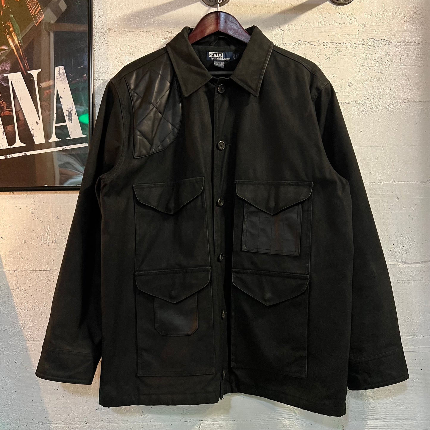 Vintage 90's Polo Ralph Lauren Waxed Canvas & Leather Hunting Jacket - Size Large - Black/Black
