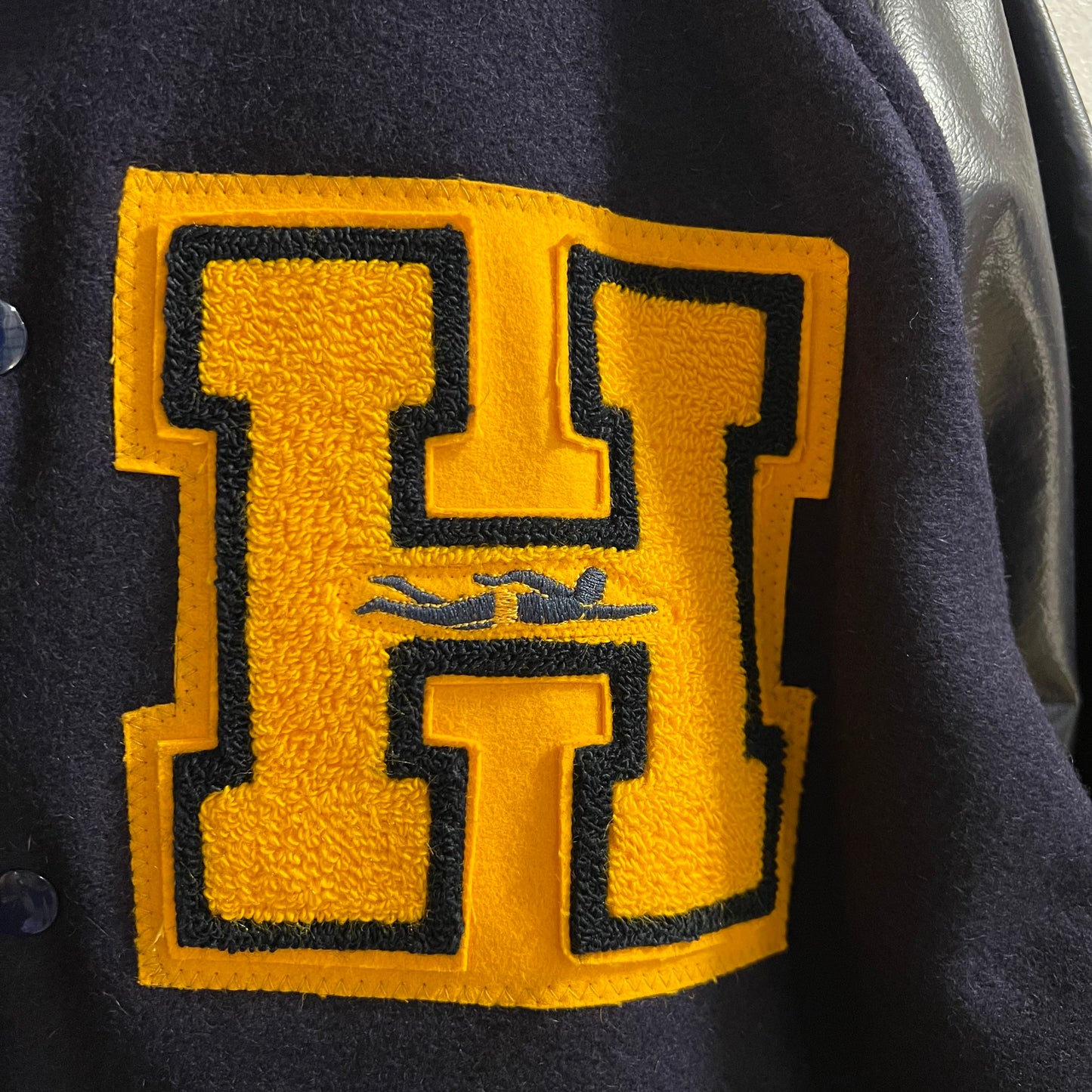 Vintage 1970's Awards USA Naugalite Wool Varsity Jacket - Size Large - Made In USA - Navy/Gold