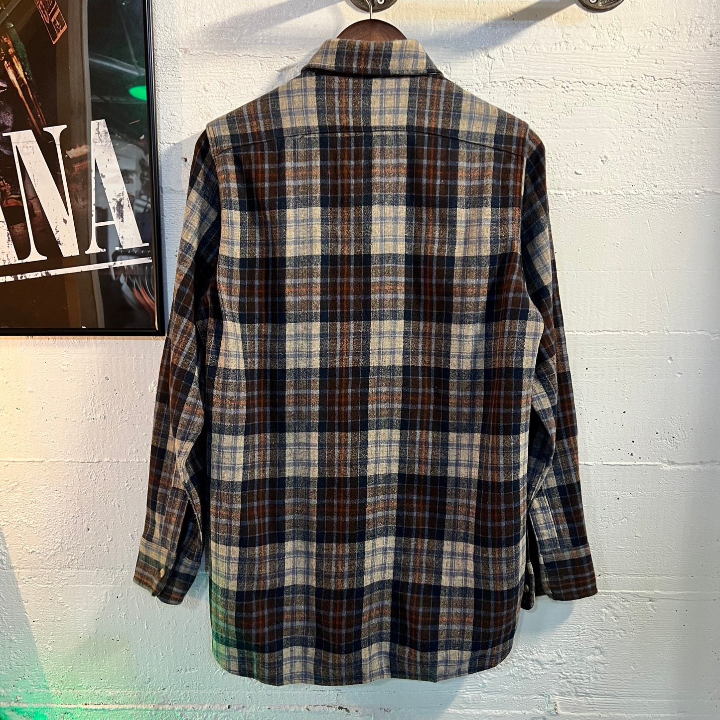 Vintage 1970's Woolrich Wool Plaid Flannel Shirt - Size Medium - Made In USA - Blue/Orange/Gray