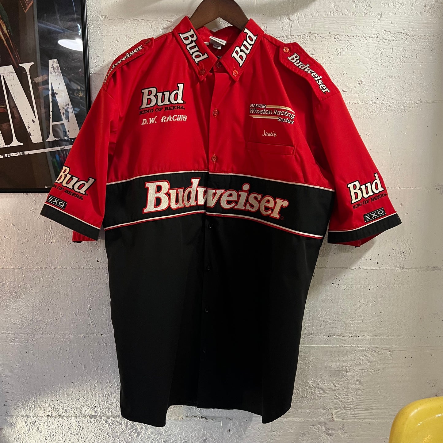 Vintage 90's Budweiser 'King Of Beers-Louie The Chameleon' Nascar Winston Cup Series Embroidered Pit Crew Racing Shirt - Size Large - Made In USA - Red/Multi