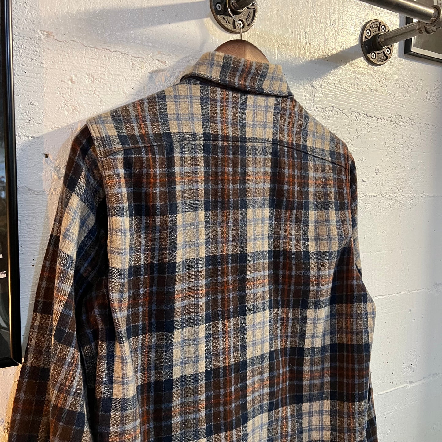 Vintage 1970's Woolrich Wool Plaid Flannel Shirt - Size Medium - Made In USA - Blue/Orange/Gray