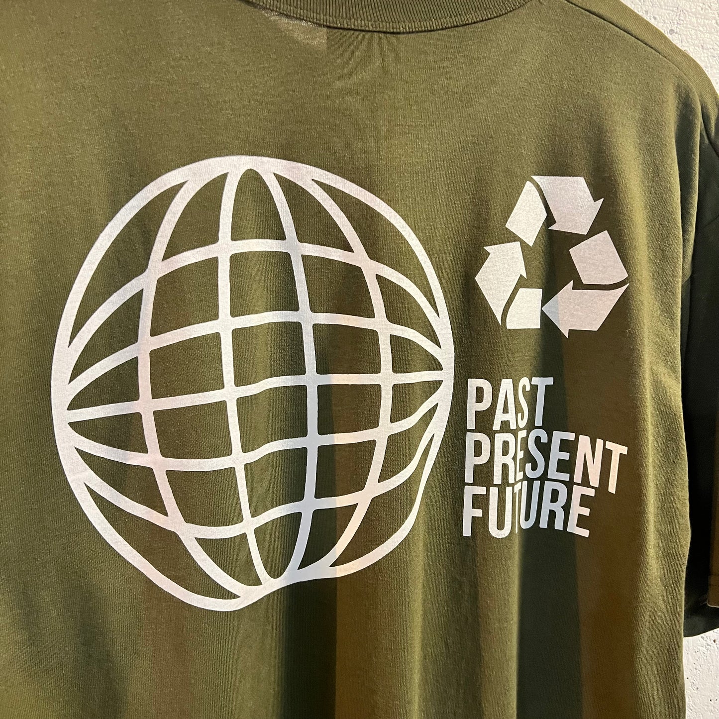 Vintage MYSTIC™ (Past/Present/Future) T-Shirt - Size Large - Made In USA - Olive Drab/Mystic White