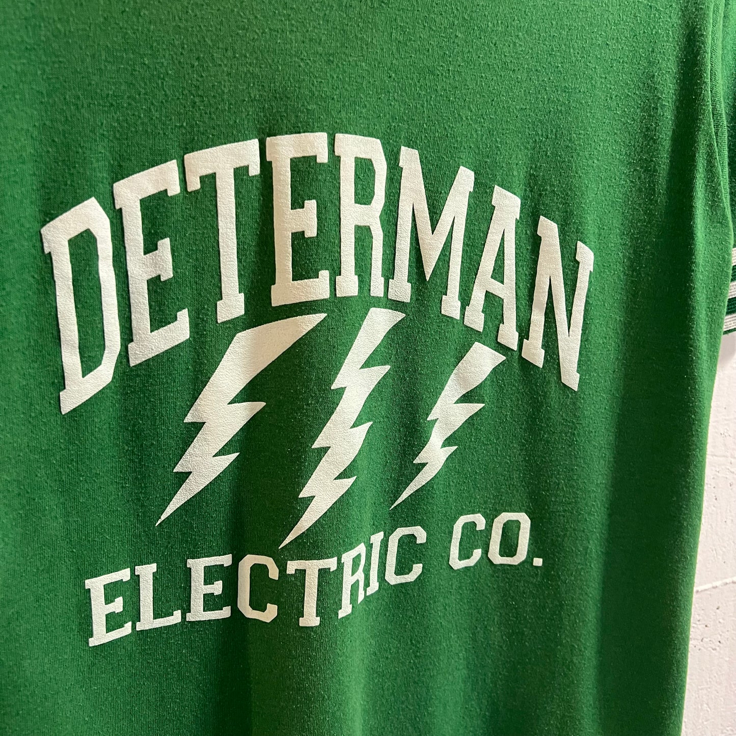Vintage 80’s Determan Electric V-Neck Jersey Style T-Shirt - Size Medium - Green/White