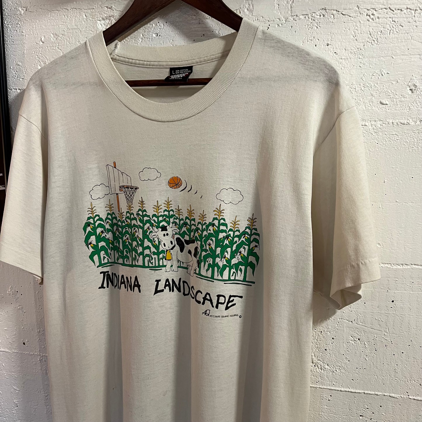 Vintage 90’s Distressed Indiana Landscape Single Stitch Graphic T-Shirt - Size Large - Made In USA - White/Multi