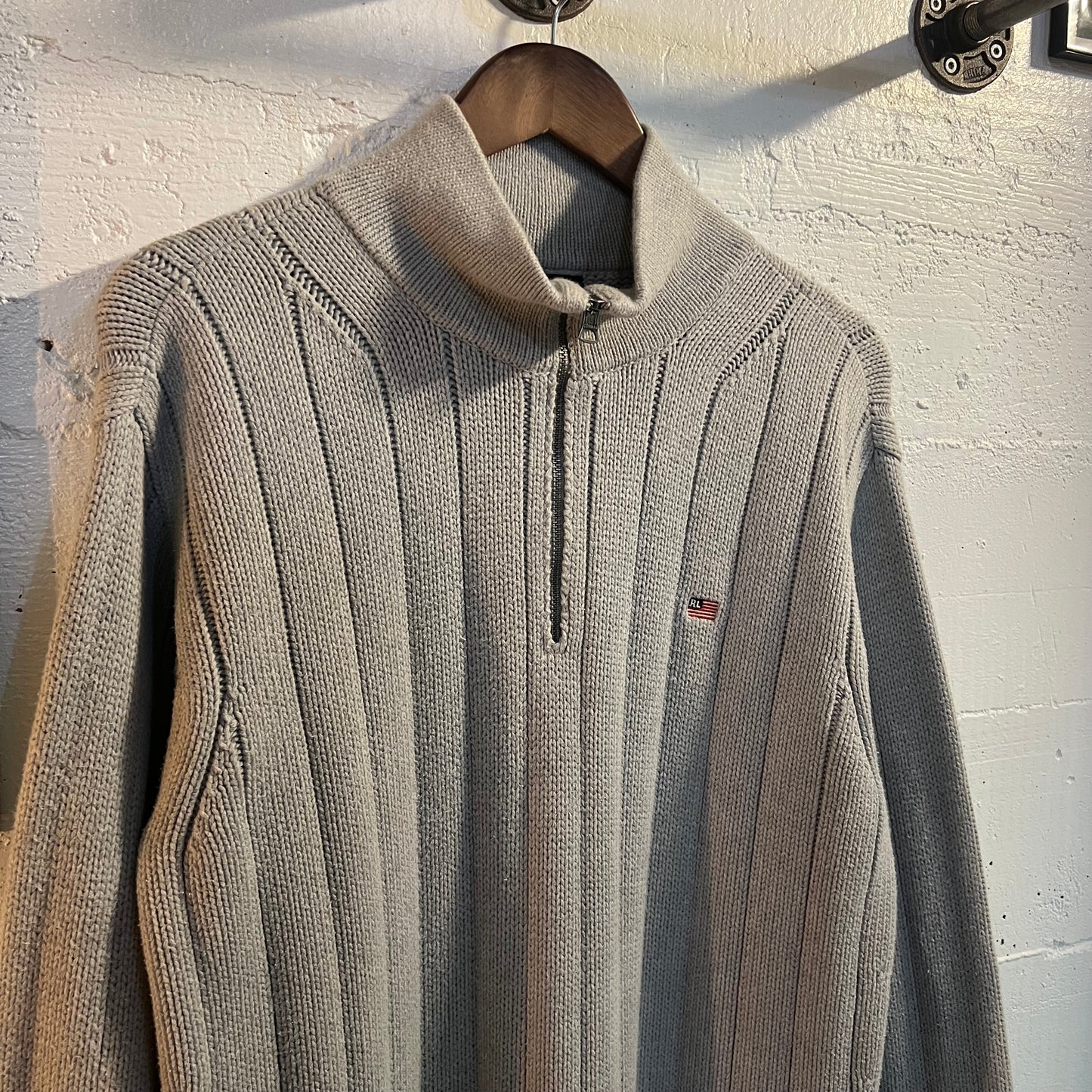 Vintage 90's Polo Jeans Co. Ralph Lauren Flag Knit Quarter Zip Sweater - Size Large - 100% Cotton