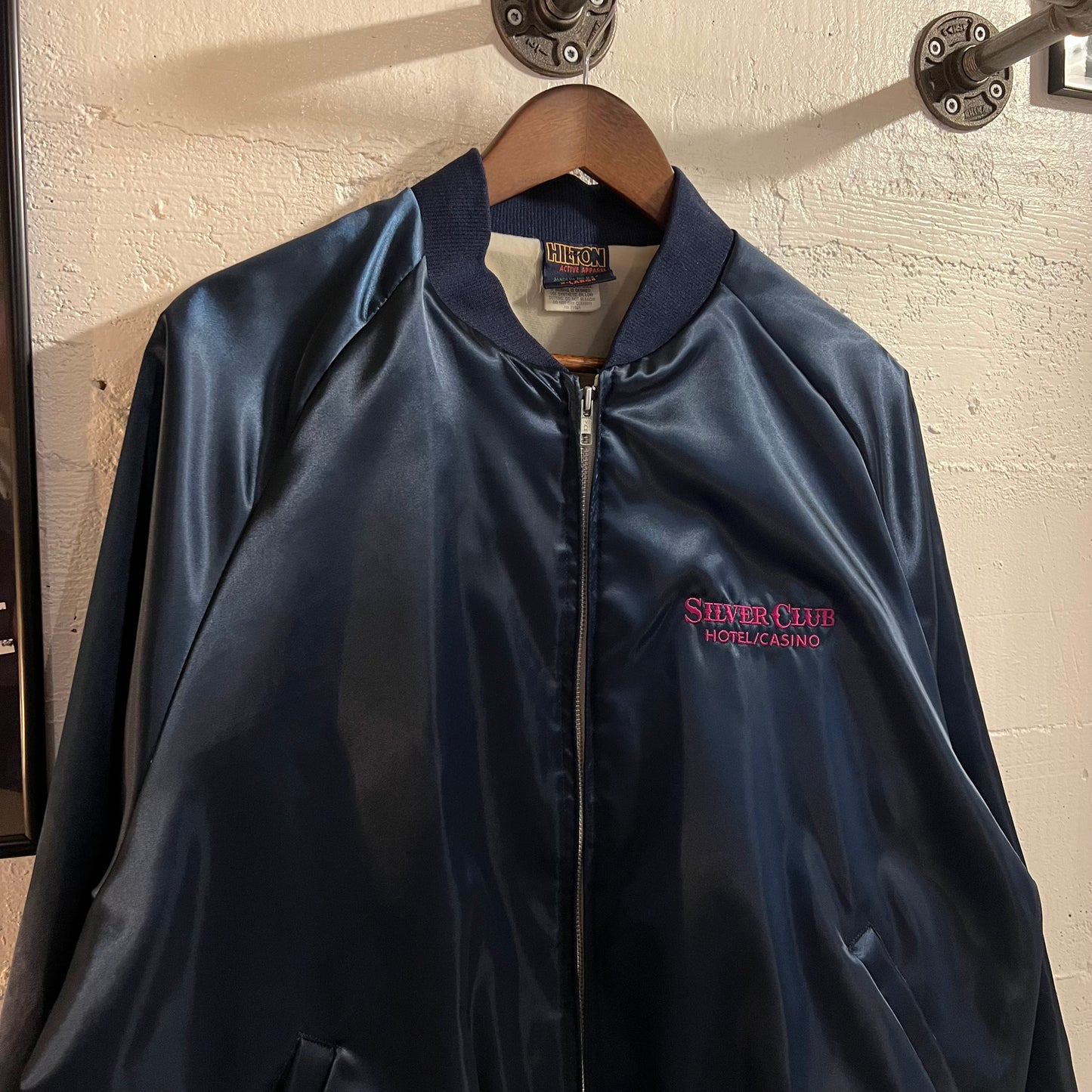 Vintage 90's Silver Club Hotel & Casino Embroidered Satin Bomber Jacket - Size XL - Made In USA - Navy