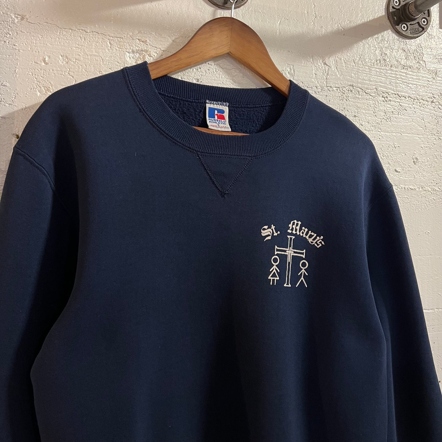 Vintage 90’s Distressed Russell Athletic St. Mary’s Crewneck Sweatshirt - Size Small - Made In USA - Navy/White