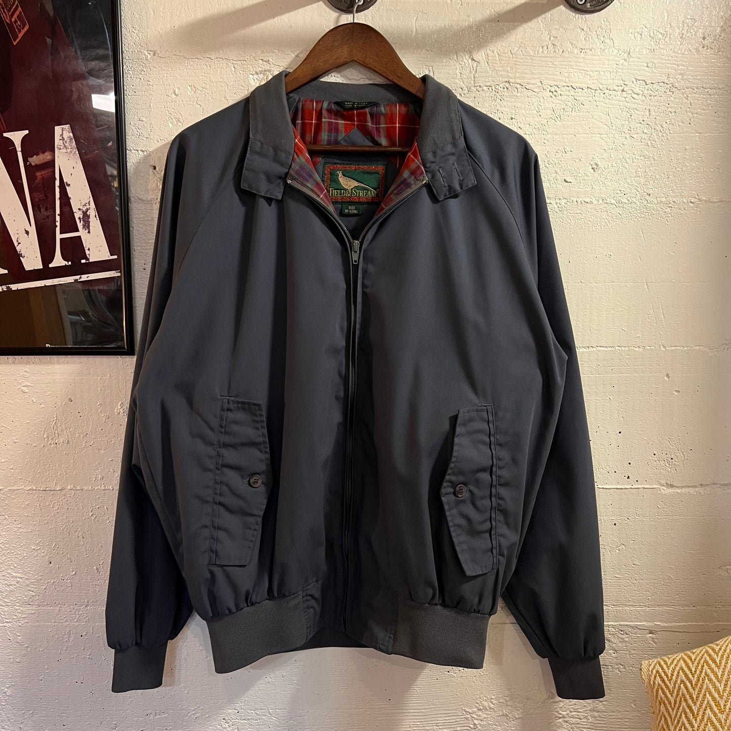 Vintage 90’s Field & Stream Plaid Lined Chip Strap Raglan Harrington Jacket - Size Medium Long - Red Plaid/Grayish Blue