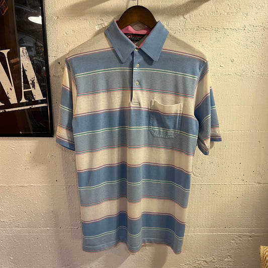 Vintage 80’s/90’s Arrow Tournament Short Sleeve Pocket Striped Polo Shirt - Size Medium - Blue/White/Pink