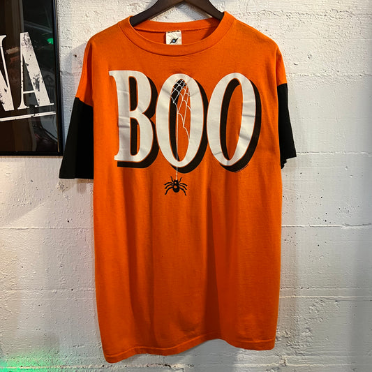 Vintage 90's Contrast Sleeve Halloween 'Boo' Spider T-Shirt - Size L/XL - Made In USA - Single Stitch