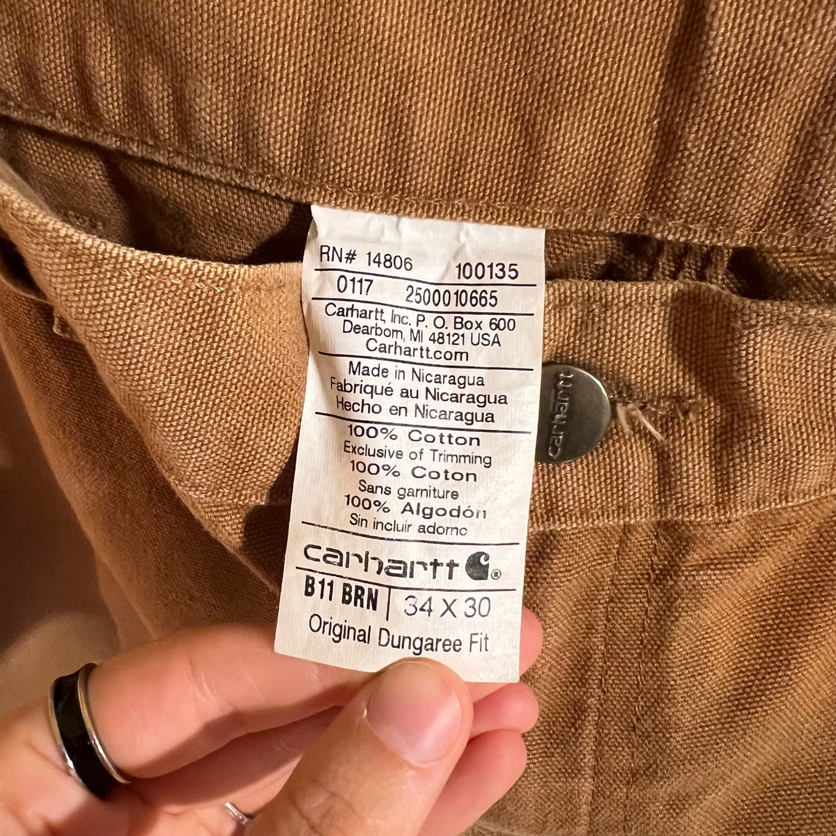 Distressed Carhartt Duck Canvas Original Dungaree Fit Carpenter Work Pants - Size 32" x 29" - 100% Cotton - Tan - B11-BRN