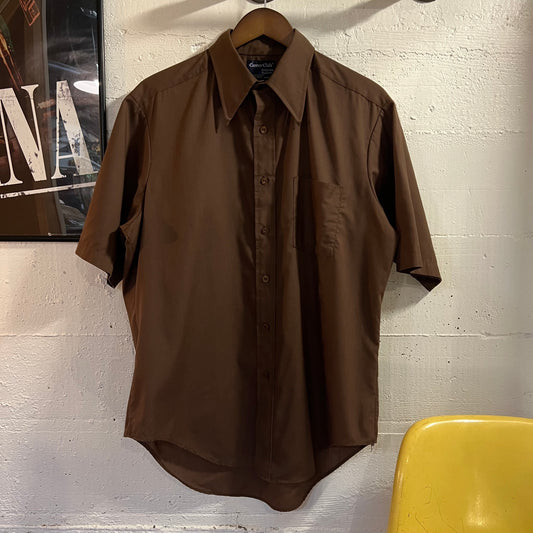 True Vintage 1970's Union Made Career Club By Belgrave Square Sanforized Short Sleeve Button Up Shirt - Size Large - Made In USA - Brown