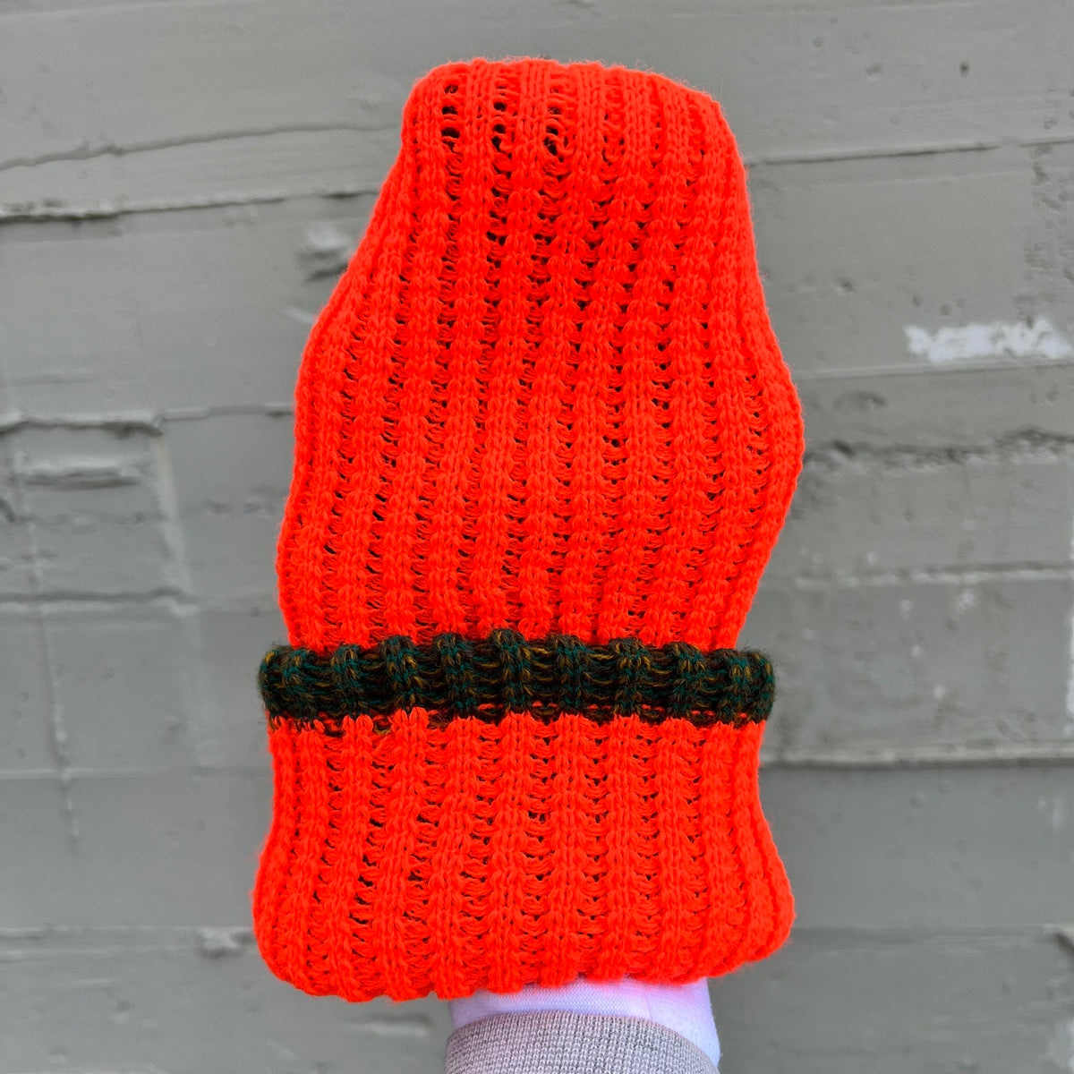 True Vintage Deadstock 1970's Marled Yarn Knit Reversible Stocking Cap Beanie - O/S - Forest Green/ Blaze Orange