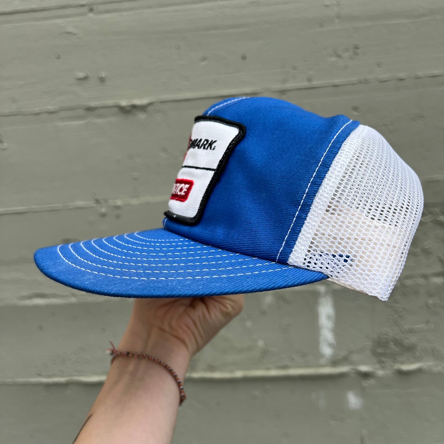 Vintage 70's/80's Prentice Omark Louisville Mfg. Co Mesh Back Trucker Hat - O/S - Made In USA - Blue/White