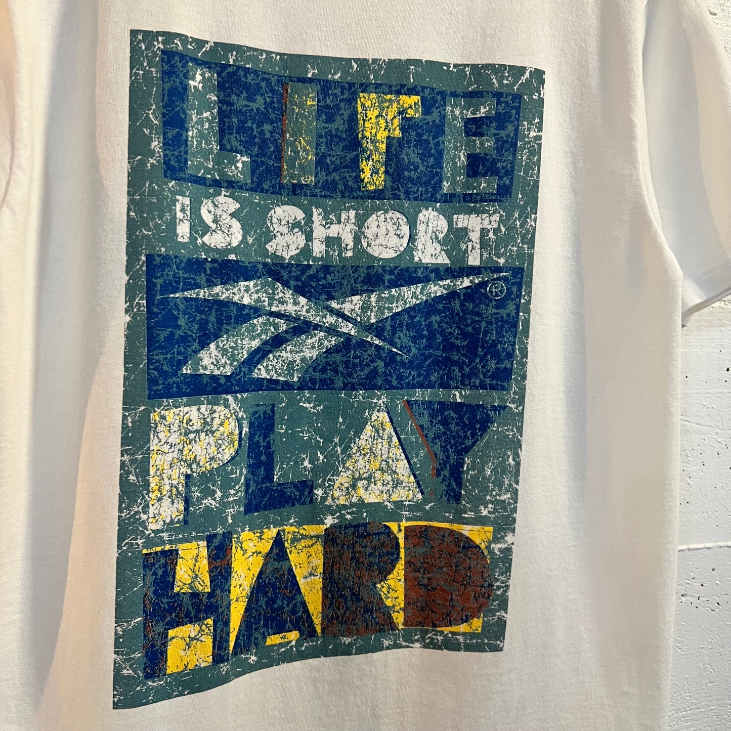 Vintage 90's Reebok 'Play Hard' Single Stitch Graphic T-Shirt - Size Medium - Made In USA - White/Blue/Yellow