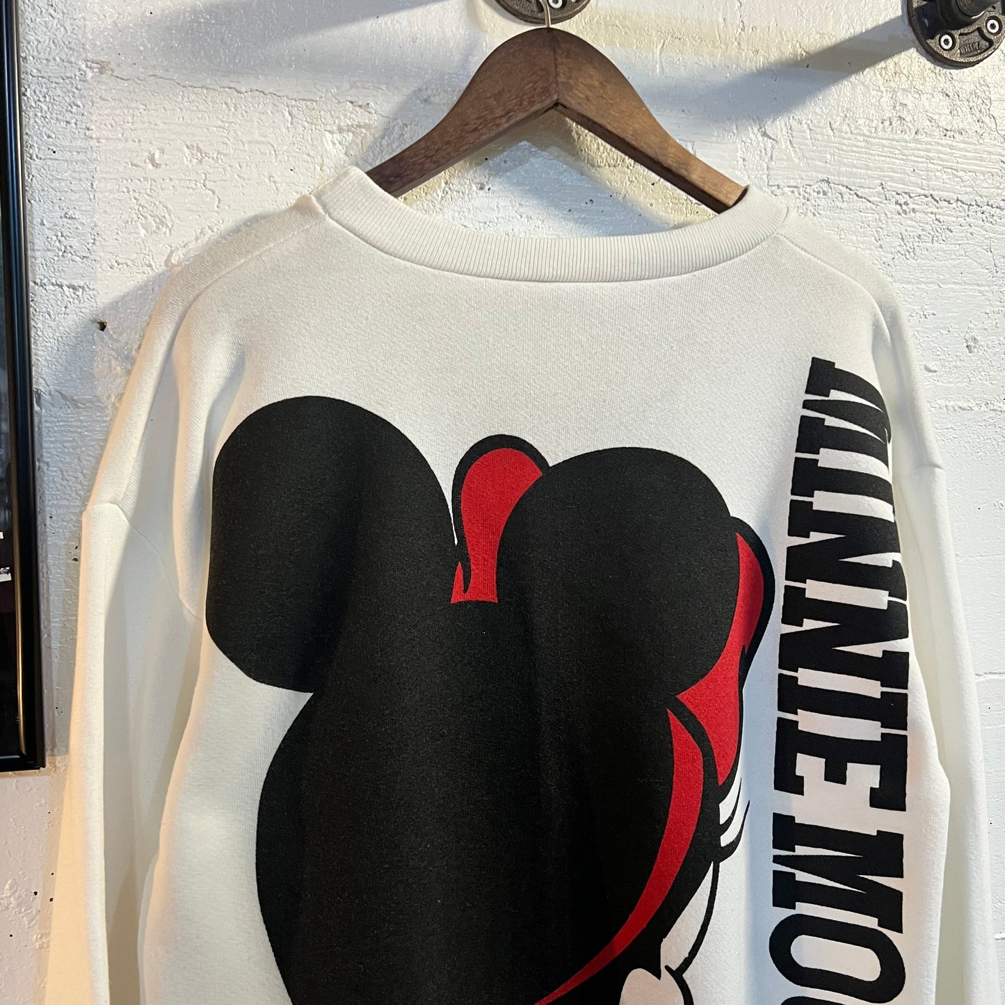 Vintage 80’s Disney Large Print Minnie Mouse Crewneck Sweatshirt - Size Medium - Made In USA - White/Black/Red