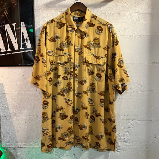 Vintage Polo Ralph Lauren Summer Hat All Over Print Rayon Loop Collar Aloha Hawaiian Shirt - Size XL - 100% Rayon