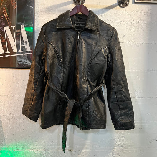 Vintage Leather Works Patchwork Leather Jacket With Waist Belt - Size Medium - Black - 100% Genuine Leather