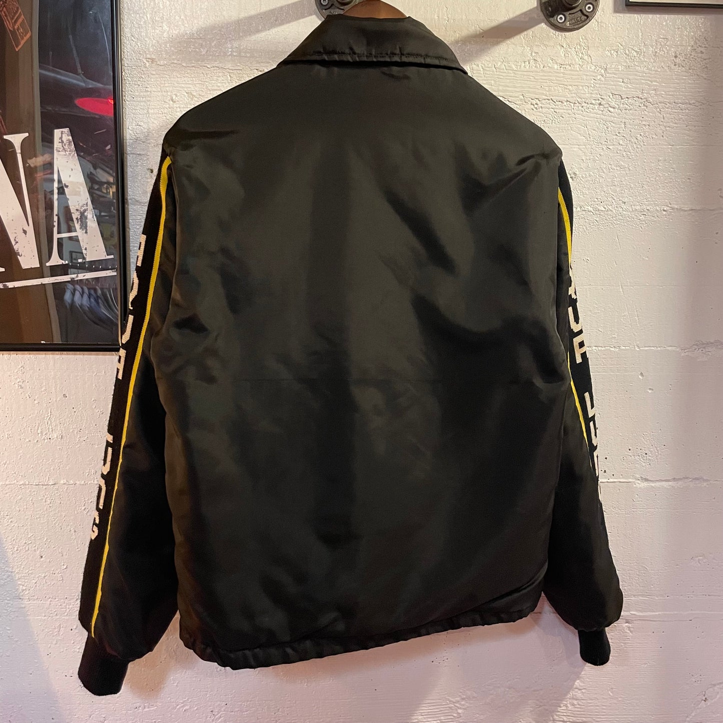 True Vintage 1970's U.S. Divers Aqua Lung Scuba Bomber Jacket With Intarsia Sleeves - Size Small - Made In USA - Black/Yellow