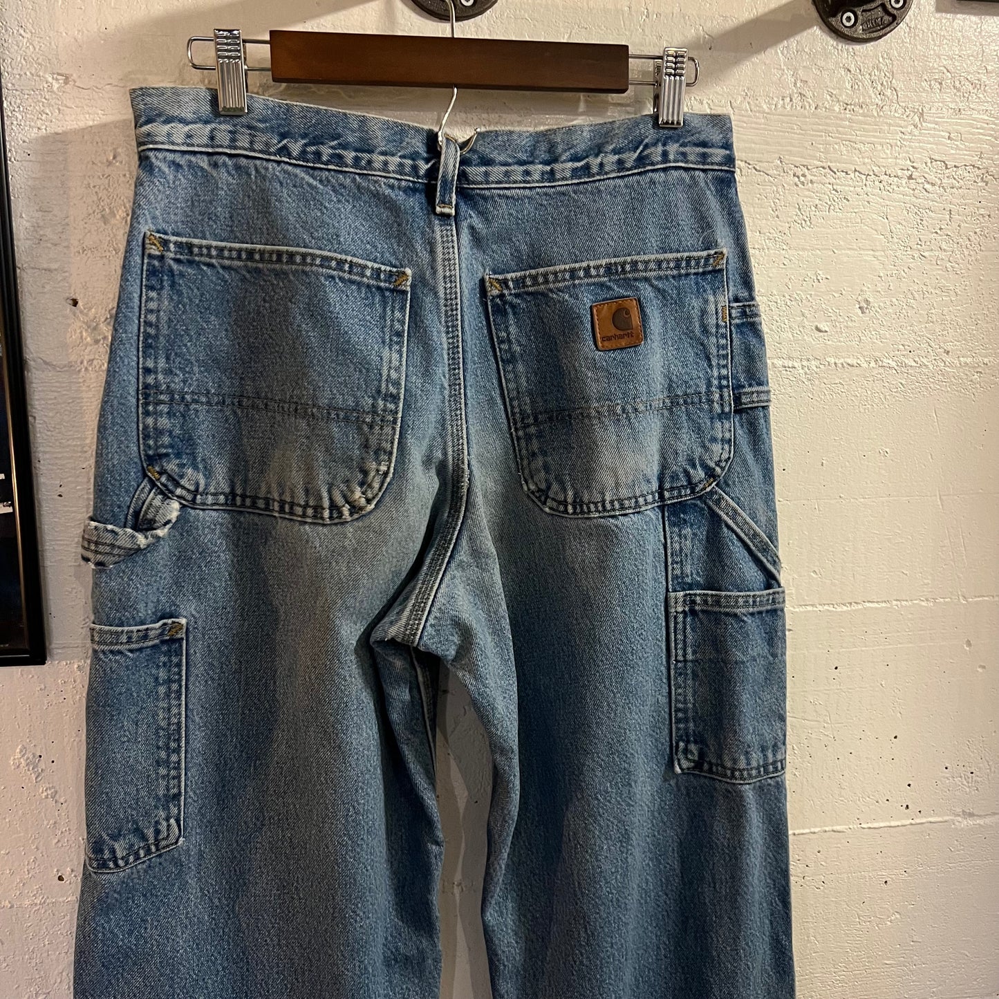 2000's Distressed Carhartt Flannel Lined Dungaree Fit Denim Carpenter Jeans - Size 31" x 34" - Light Wash Indigo - B236-DST