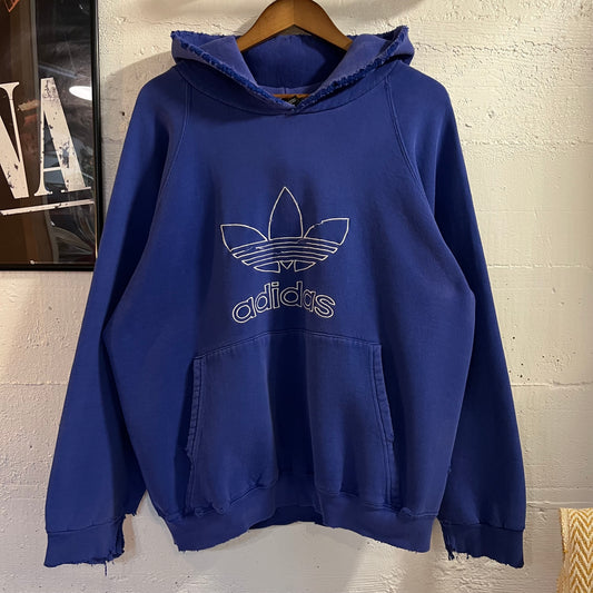 Vintage 90’s Distressed Embroidered Adidas Originals Raglan Sleeve Hoodie Sweatshirt - Size Small - Made In USA - Blue/White