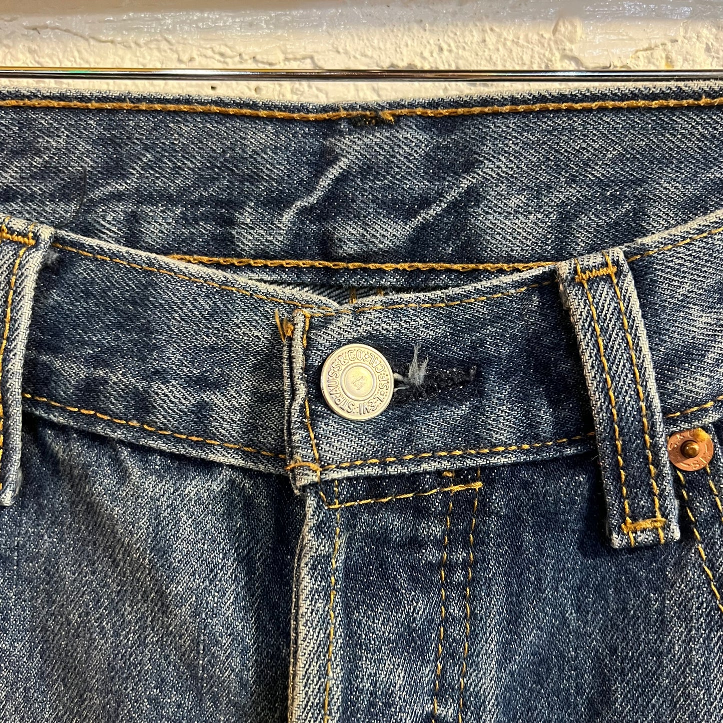Distressed Levi's 501 Medium Stonewash Denim Jean - Size 32"x34" - Light Blue Indigo