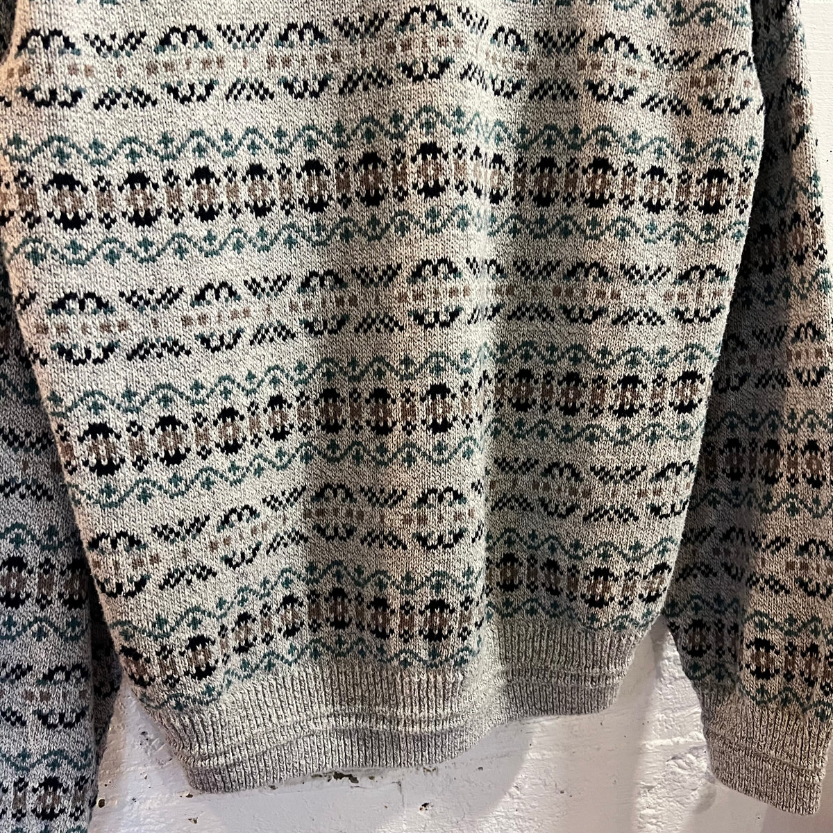 Vintage 90’s Jantzen Fair Isle Geometric Knitted V-Neck Sweater - Size Large - Made In USA - Grey/Blue/Black/Tan