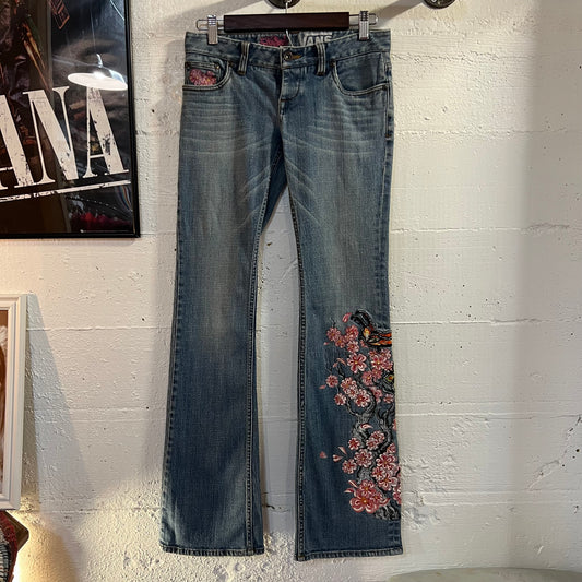 Vintage 2009 Kim Saigh For Vans Embroidered & Painted Cherry Blossom Flared Low Rise Denim Jeans - Size 8 - Mid/Light Wash Indigo