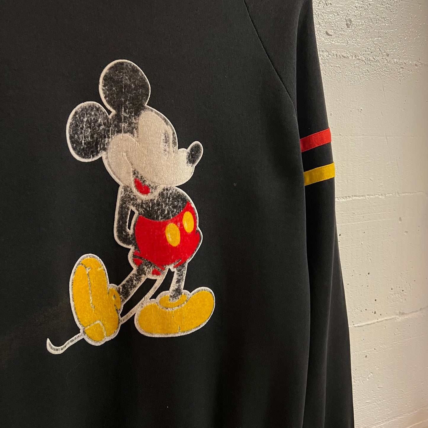 Vintage 80’s Distressed Disney Mickey Mouse Raglan Sleeve Crewneck Sweatshirt - Size Large - Made In USA - Black/Red/Yellow/White