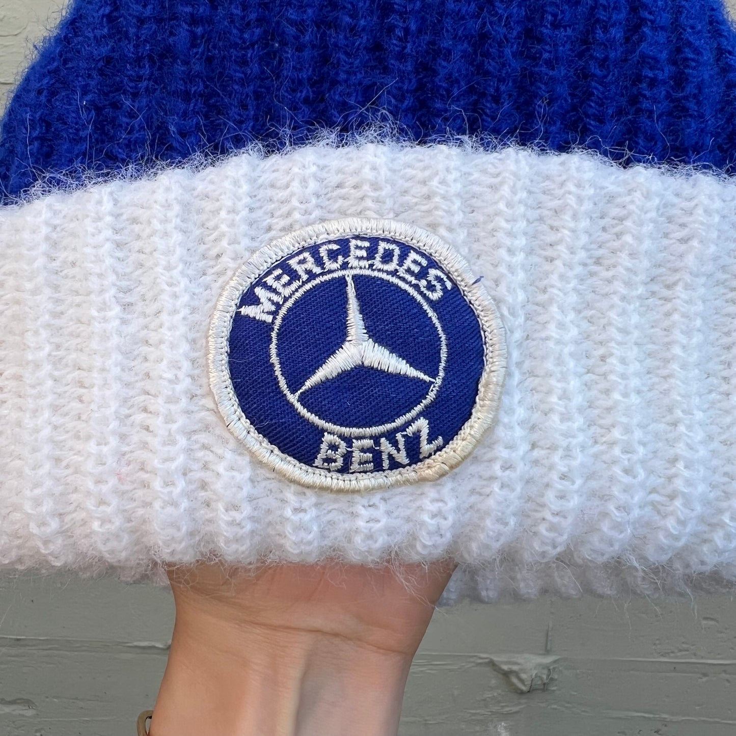 Vintage Mercedes-Benz Ribbed Knit Cuffed Beanie - One Size Fits Most - Blue/White