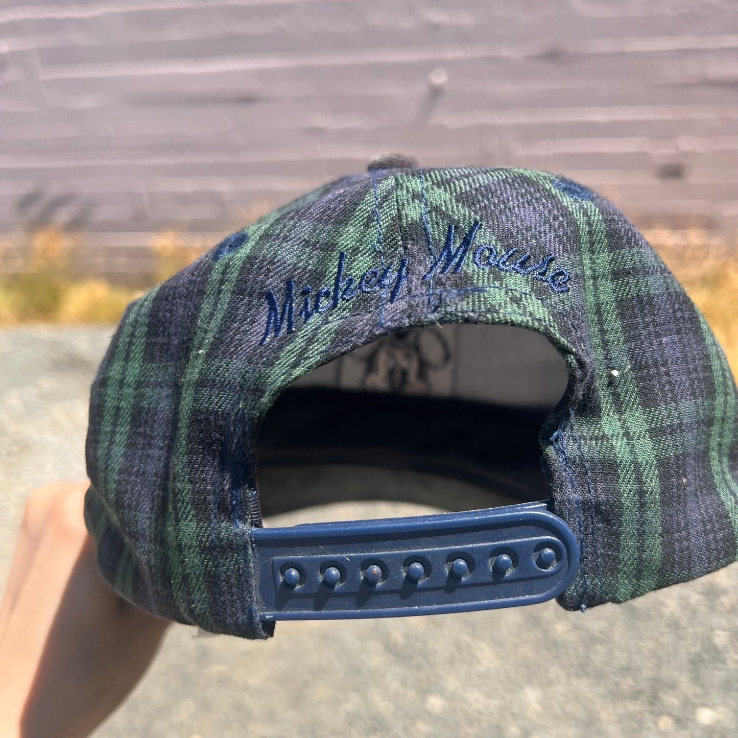 Vintage Mickey Mouse 'M' Disney Plaid Suede Bill Snapback Hat - OSFA - Blue/Green/Black