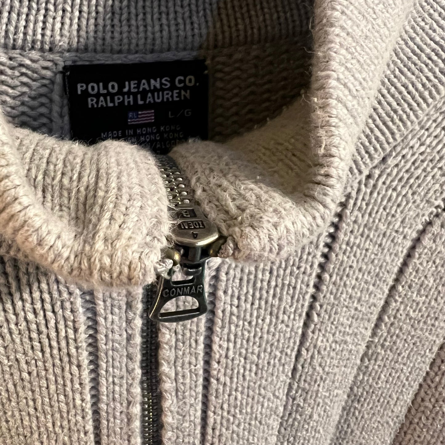 Vintage 90's Polo Jeans Co. Ralph Lauren Flag Knit Quarter Zip Sweater - Size Large - 100% Cotton
