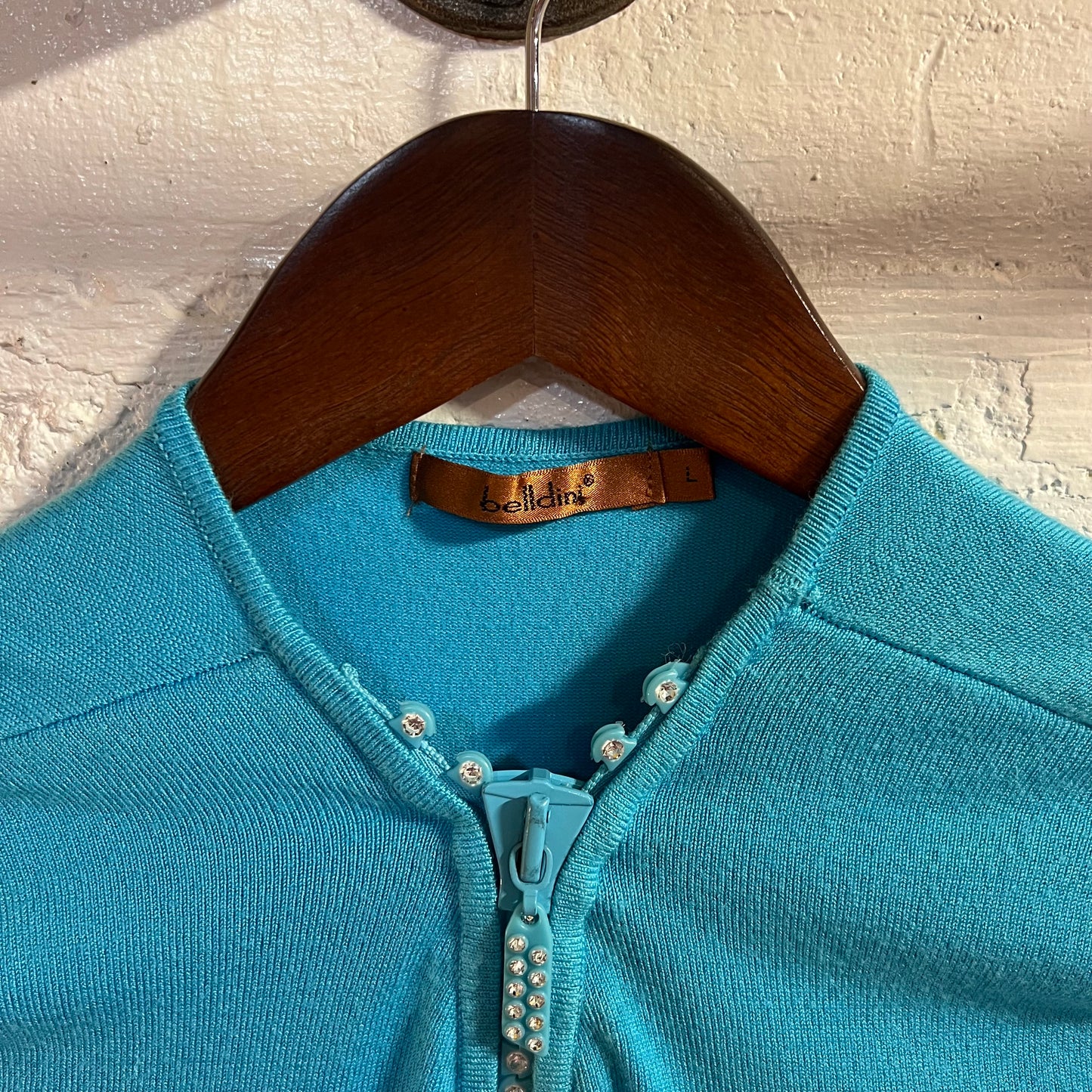 Belldini Bedazzled Zipper Short Sleeve Knitted Sweater - Size Large - Blue