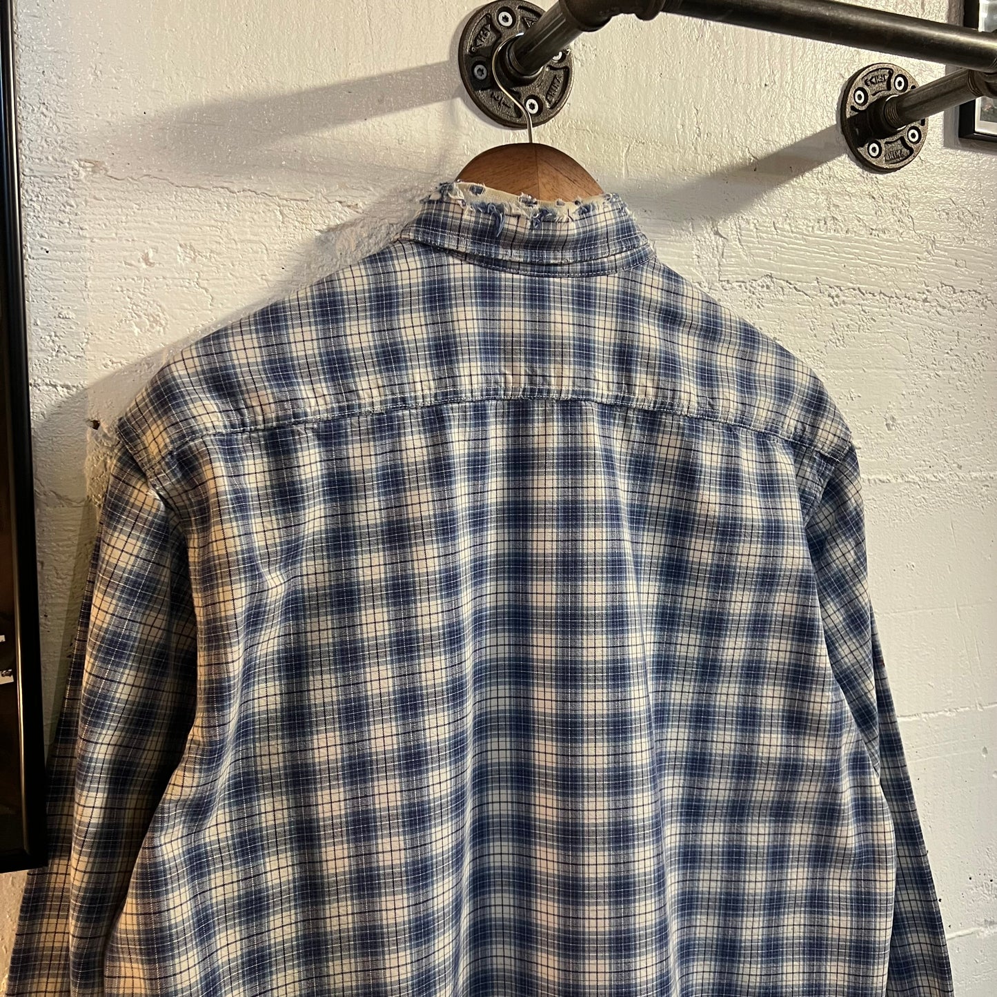 Vintage 90's Distressed Carhartt Painters Shadow Plaid Button Down Shirt - Size Medium - Union Made In USA - Blue/White