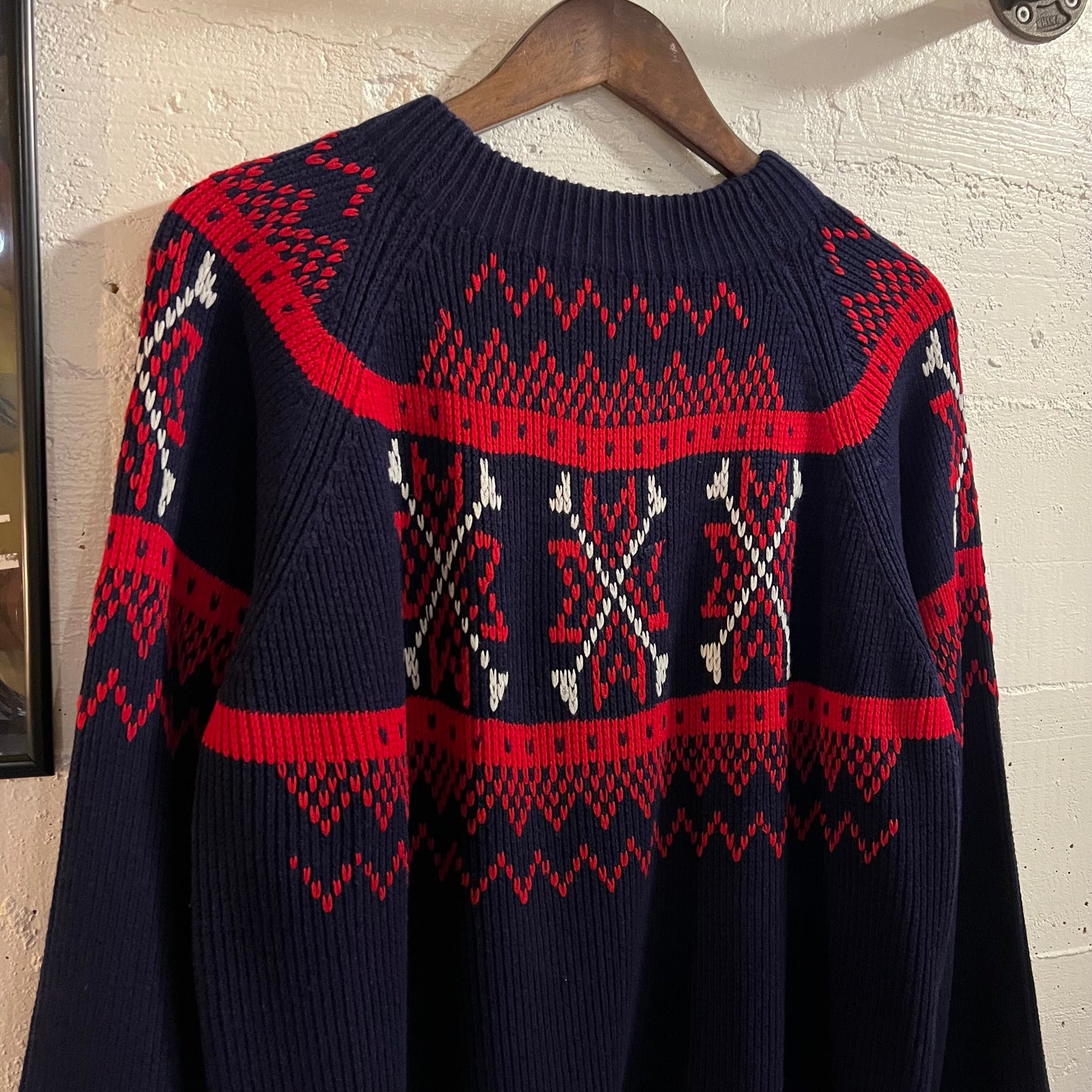 Vintage 70’s JCPenney Fair Isle Geometric Patterned Knit Raglan Sweater - Size Medium - Red/Navy/White