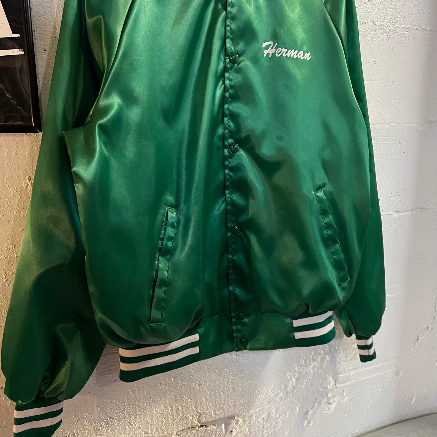 Vintage Westark Longview County Fair Satin Bomber Jacket - Size Large - Made In USA - Kelly Green/White