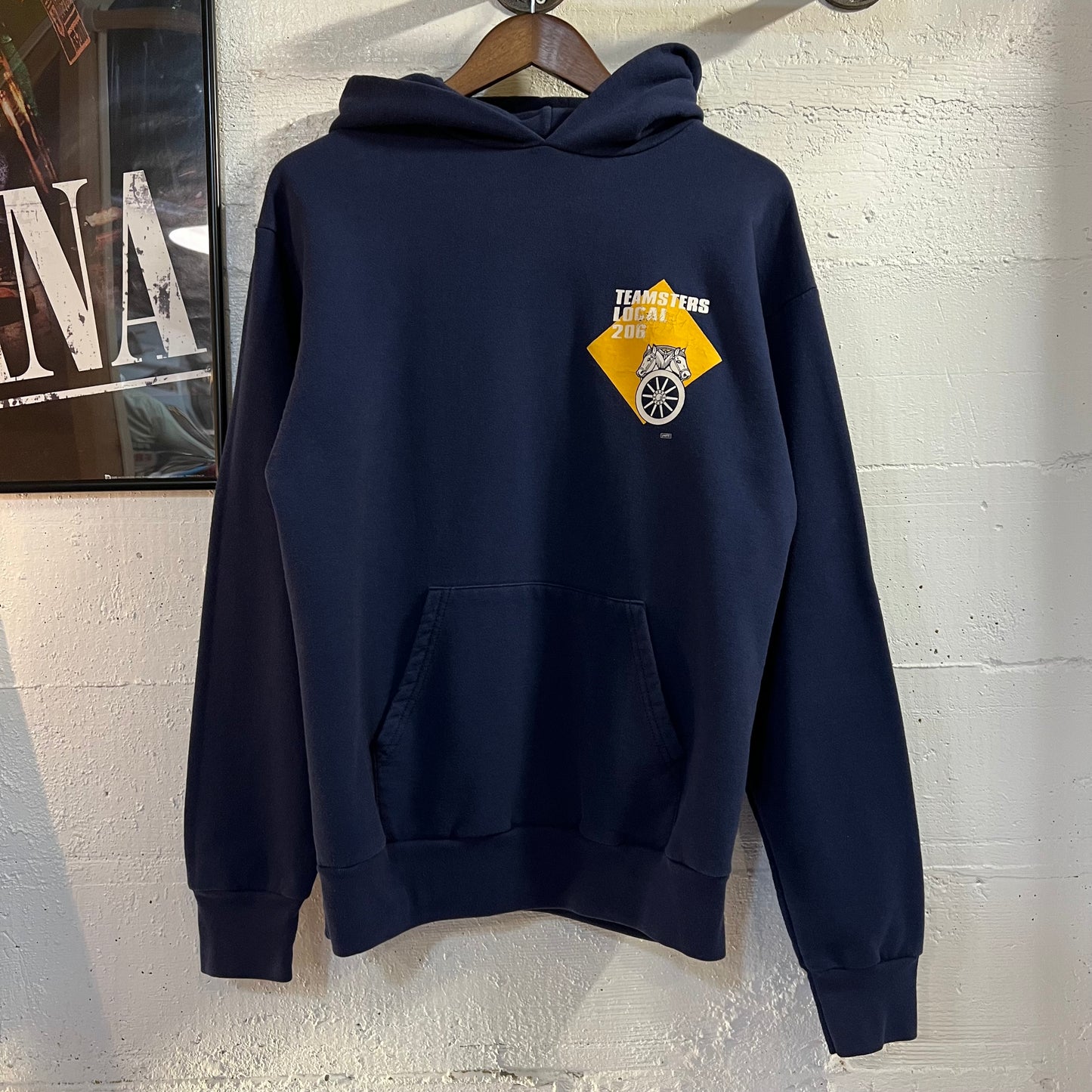 Vintage 80’s Teamsters Local 206 Hoodie Sweatshirt - Size Medium - Union Made In USA - Navy/White/Yellow