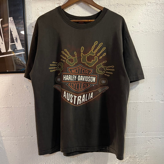 Vintage 1996 Harley Davidson ‘Gold Coast, Southport Australia’ Aboriginal Art Graphic Single Stitch T-Shirt - Size XL - Faded Black/Multi - Made In Australia