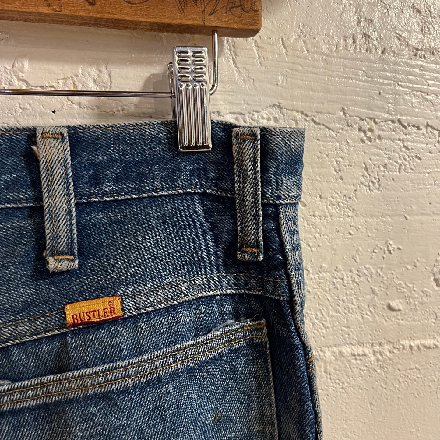 Vintage 70's/80's Rustler Faded Distressed Patch Denim Jeans - Size 32" x 32" - Made In USA - 87620 - Light Faded Indigo