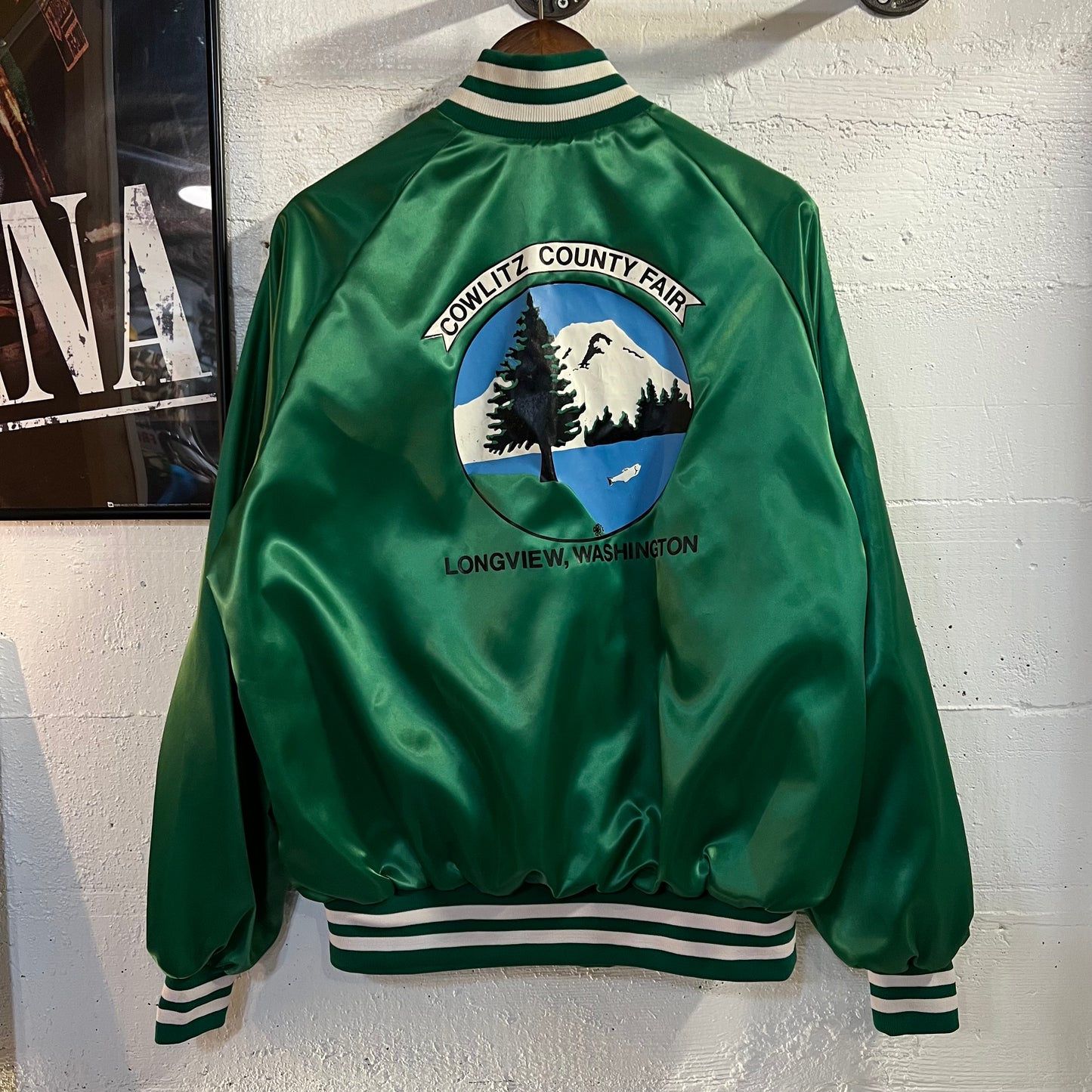 Vintage Westark Longview County Fair Satin Bomber Jacket - Size Large - Made In USA - Kelly Green/White