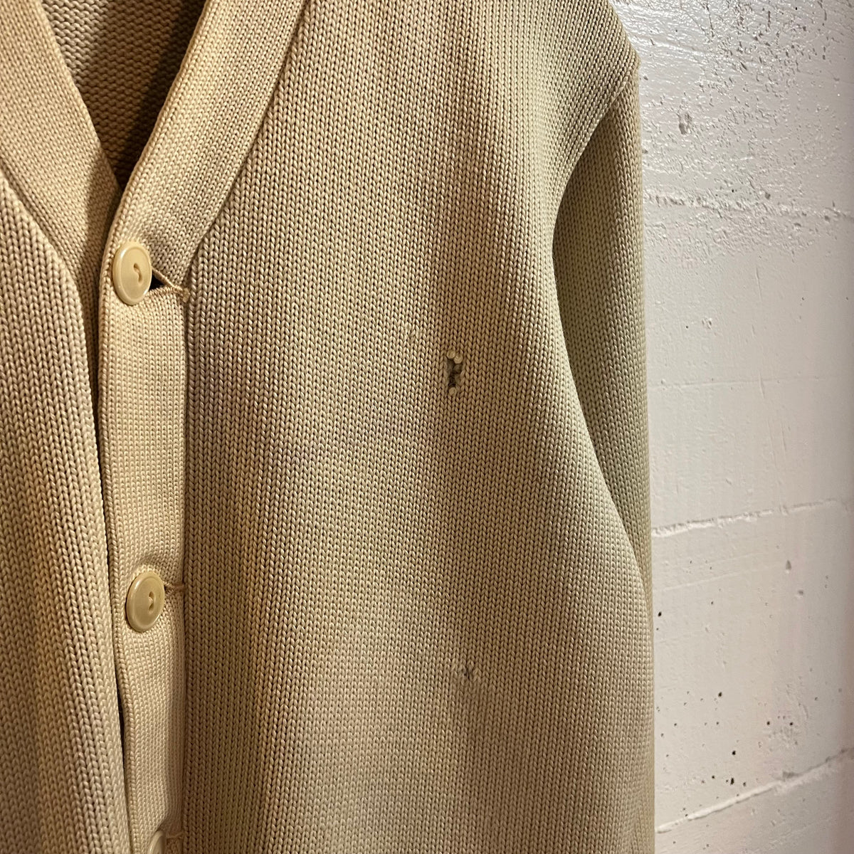 True Vintage Distressed 1950's Kandel Knitting Mills Virgin Wool Varsity Letterman Cardigan Sweater - Size Large - Made In USA - Off-White/Cream/Purple