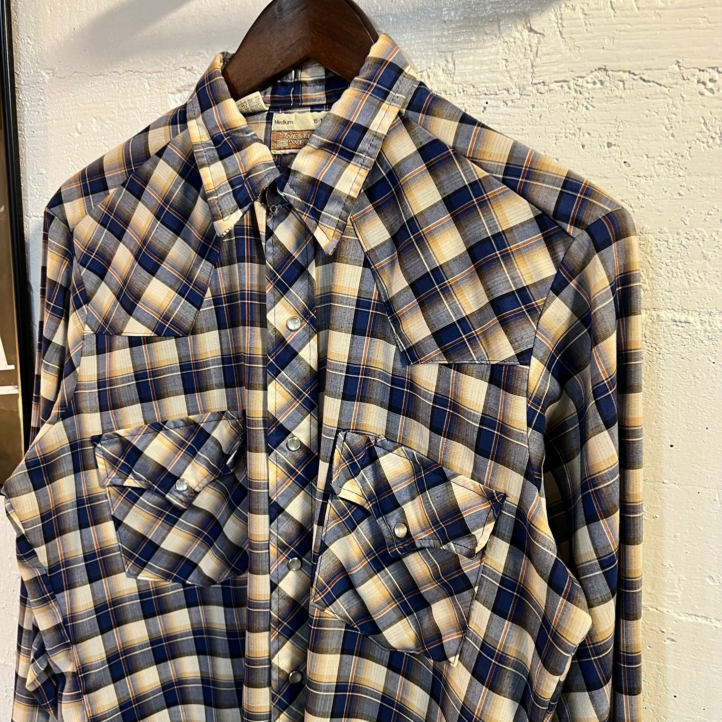 True Vintage 60's - 70's Sears Western Wear Plaid Pearl Snap Flannel - Size Medium - Made In USA - Blue/White/Yellow/Orange