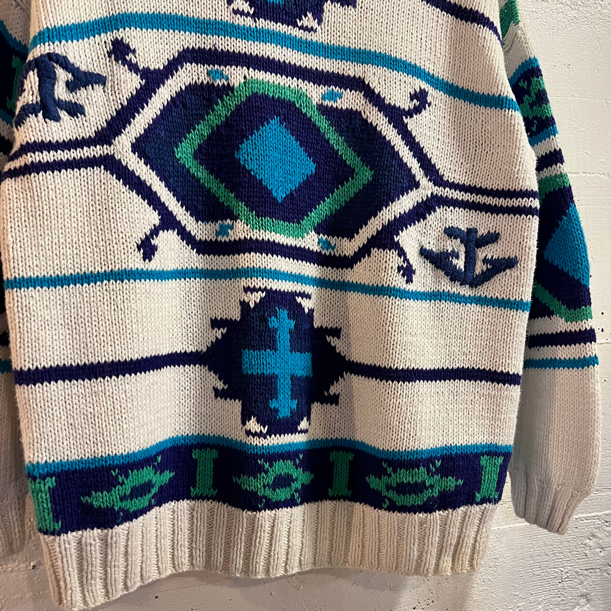 Vintage Handmade By Susann D. Southwestern Knitted Sweater - Size Small - White/Blue/Turquoise/Green