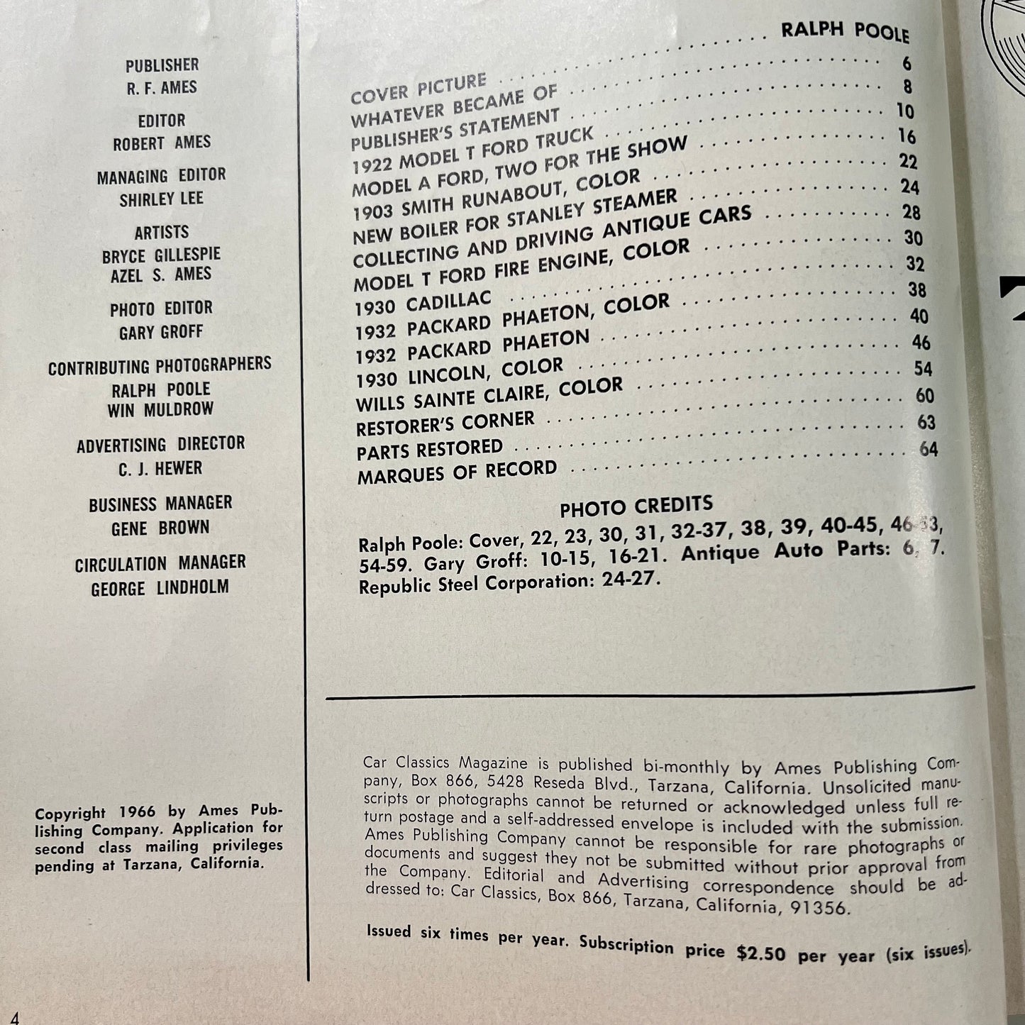 Vintage 1966 Car Classics Magazine 'Vol.1 No.1'