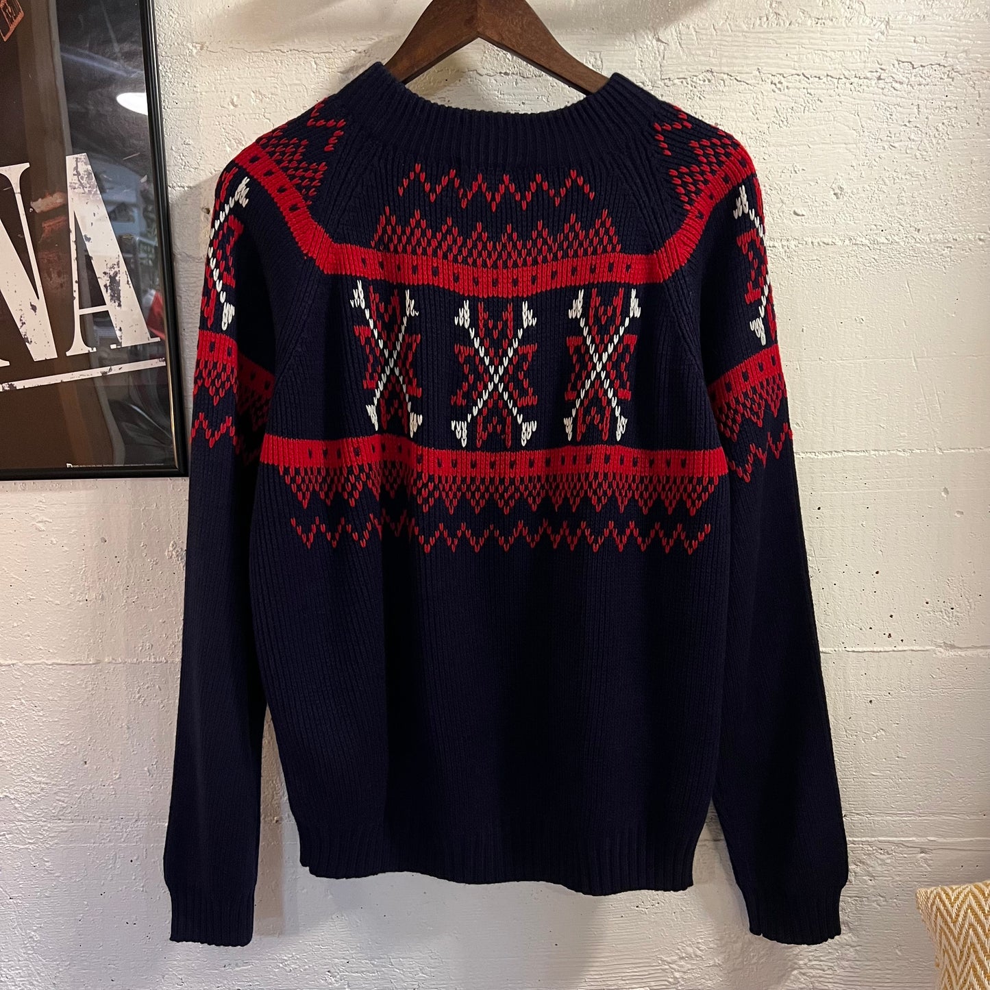 Vintage 70’s JCPenney Fair Isle Geometric Patterned Knit Raglan Sweater - Size Medium - Red/Navy/White
