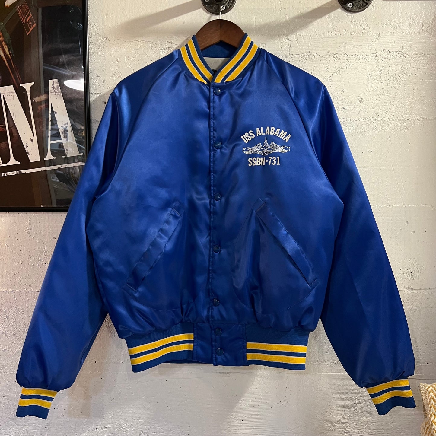 Vintage 1980's USS Alabama SSBN-731 Pla-Jac By Dunbrooke Satin Bomber Jacket - Size 40 (M) - Made In USA - Blue/Yellow