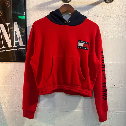 Tommy Jeans Tommy Hilfiger Cropped Flag Contrast Hoodie Sweatshirt - Size Large - Red/Blue