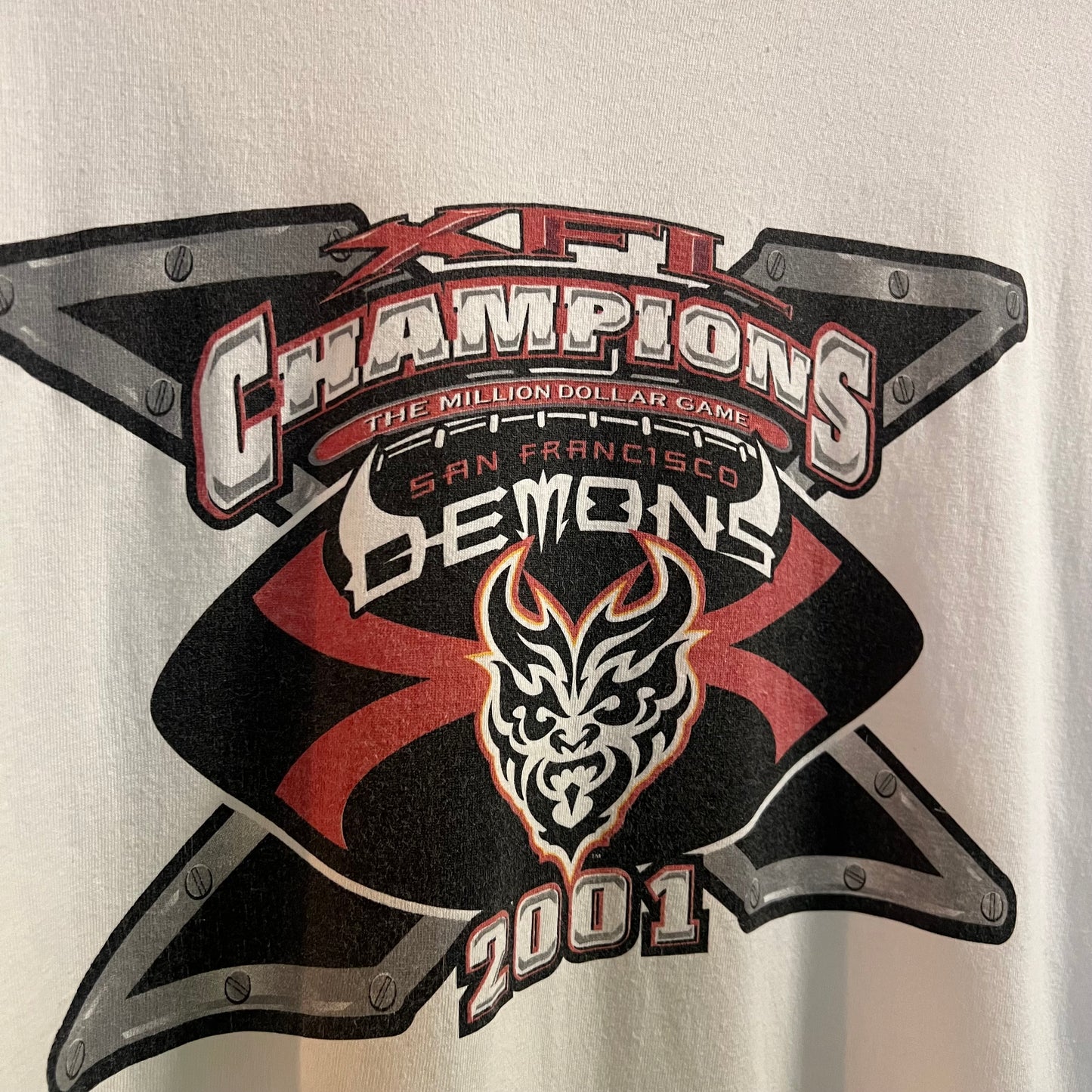 Vintage 2001 Champion San Francisco Demons XFL T-Shirt - Size 2XL - White/Black/Red/Other