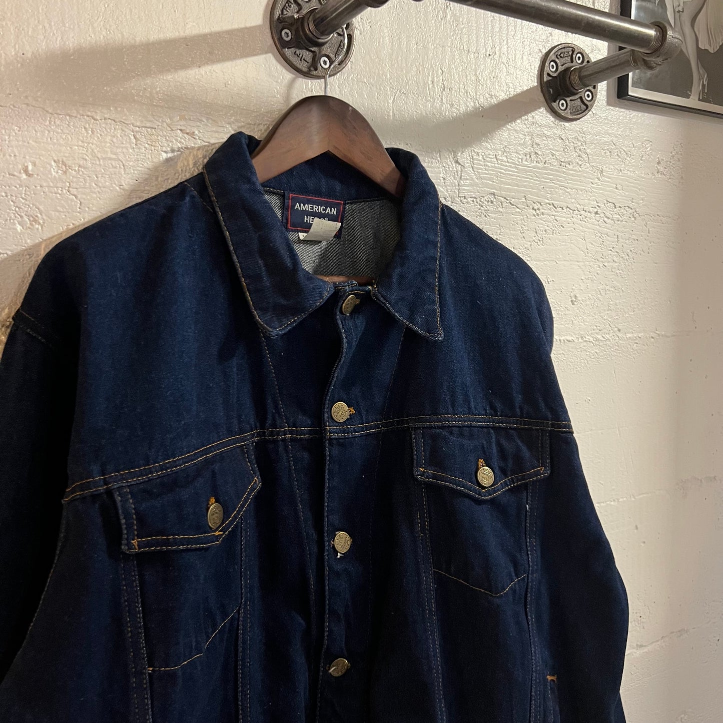 Vintage 90's American Hero Raw Denim Trucker Jacket - Size Large - Dark Indigo Denim - 100% Cotton